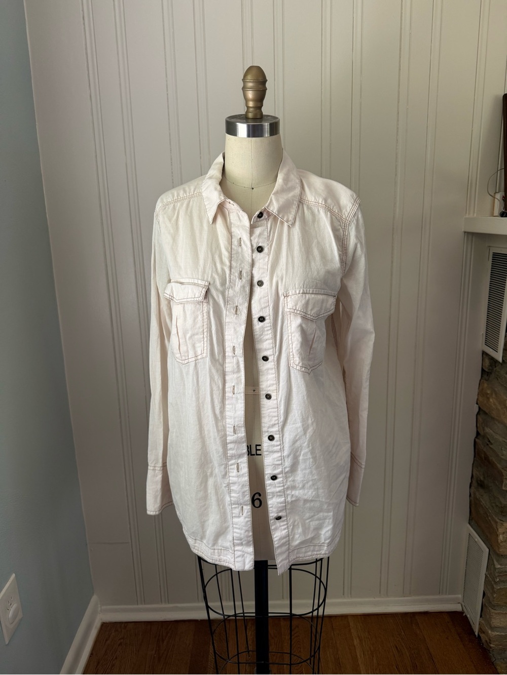 Free People Light Beige Button-Up Utility Shirt